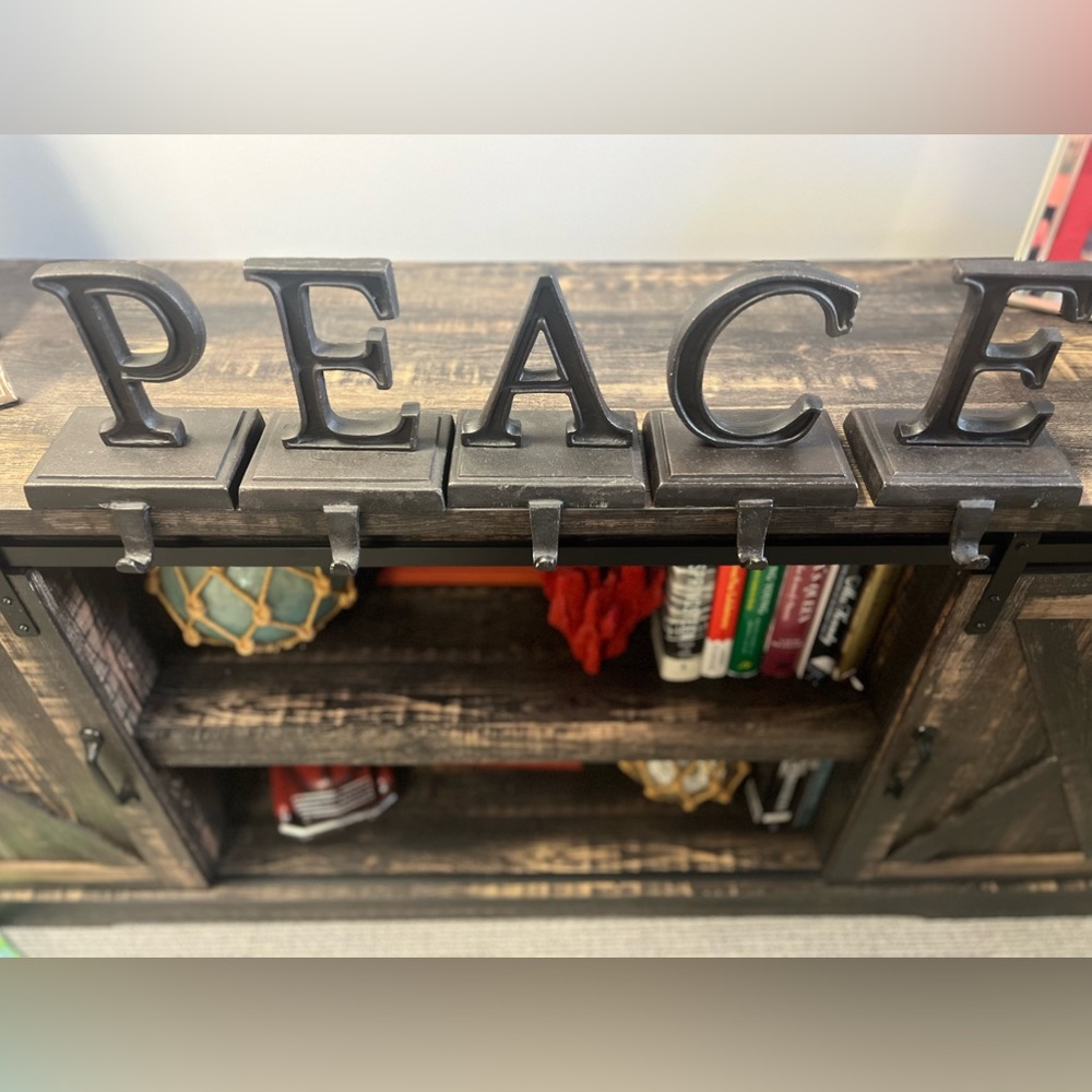 Pottery Barn Dark Metal Gray "Peace" 5 Stocking Holders